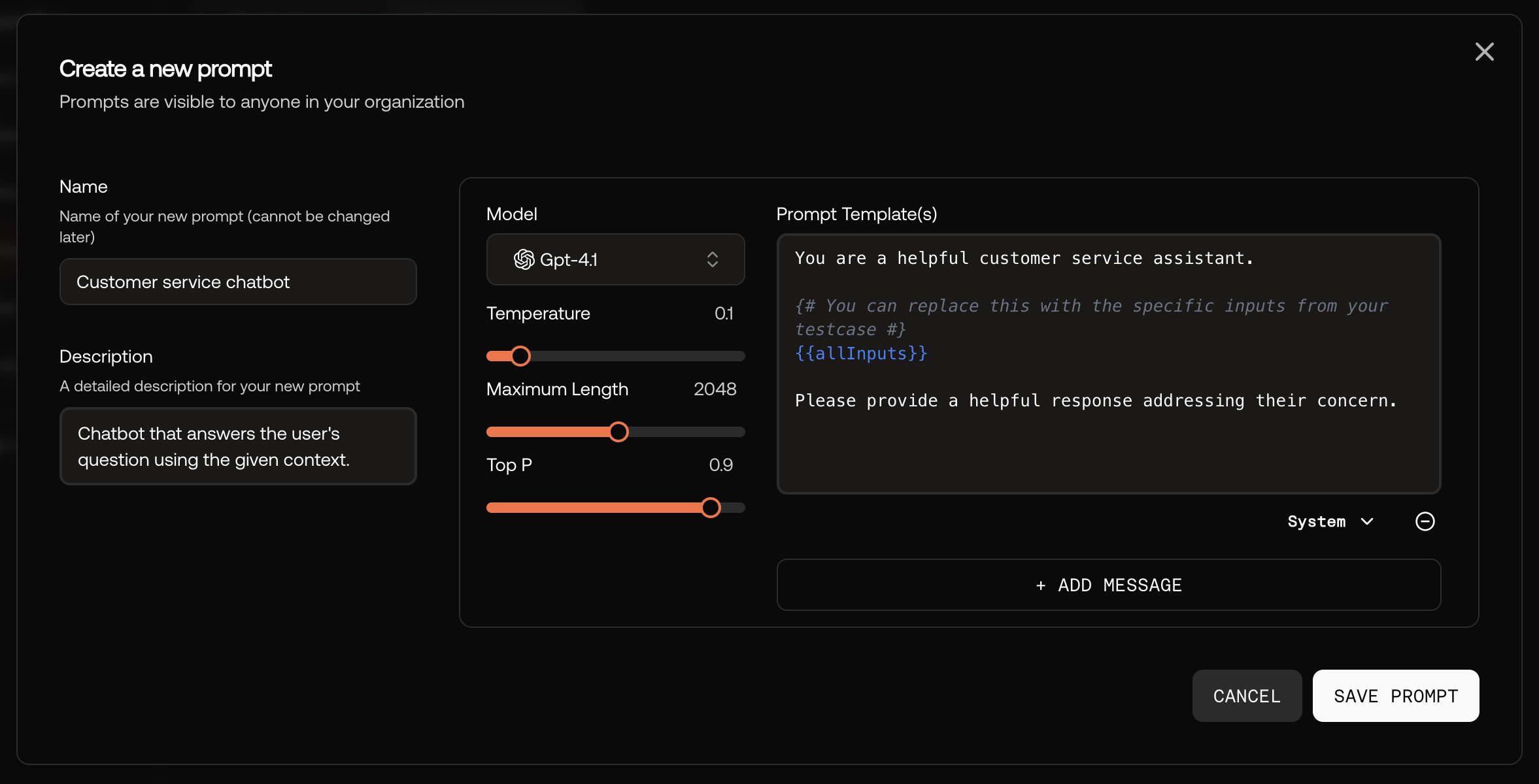 Screenshot of creating a prompt in the UI.