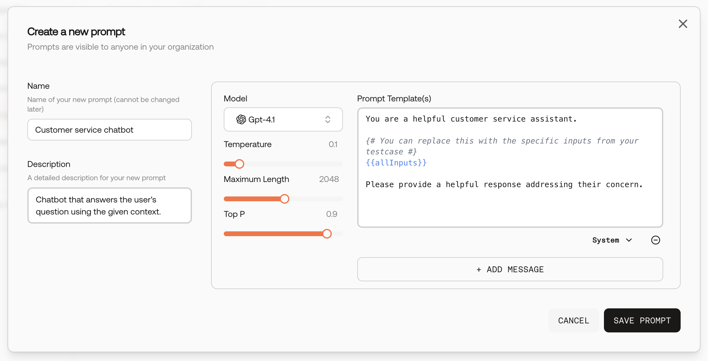 Screenshot of creating a prompt in the UI.
