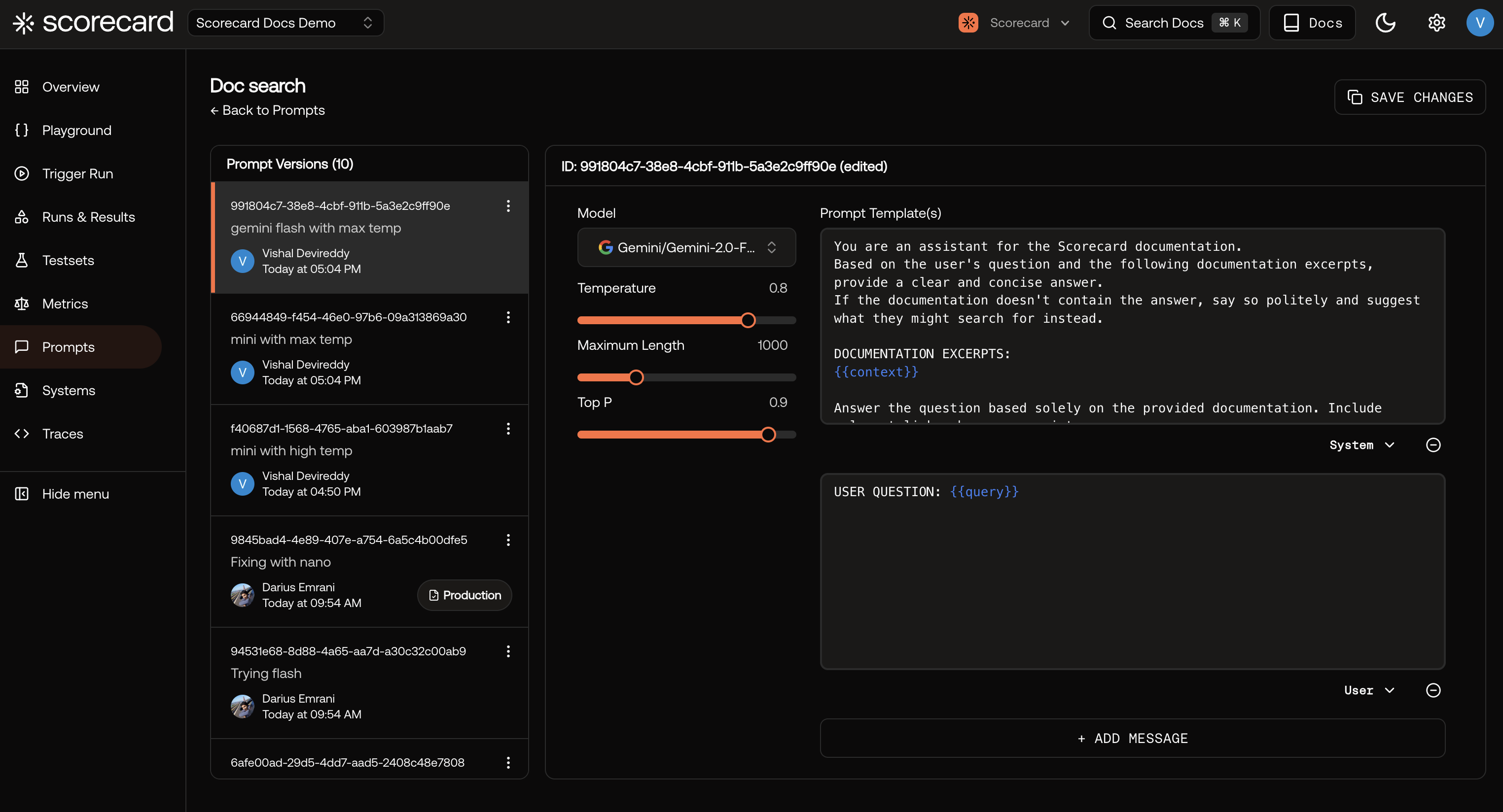 Screenshot of viewing prompt details in the UI.