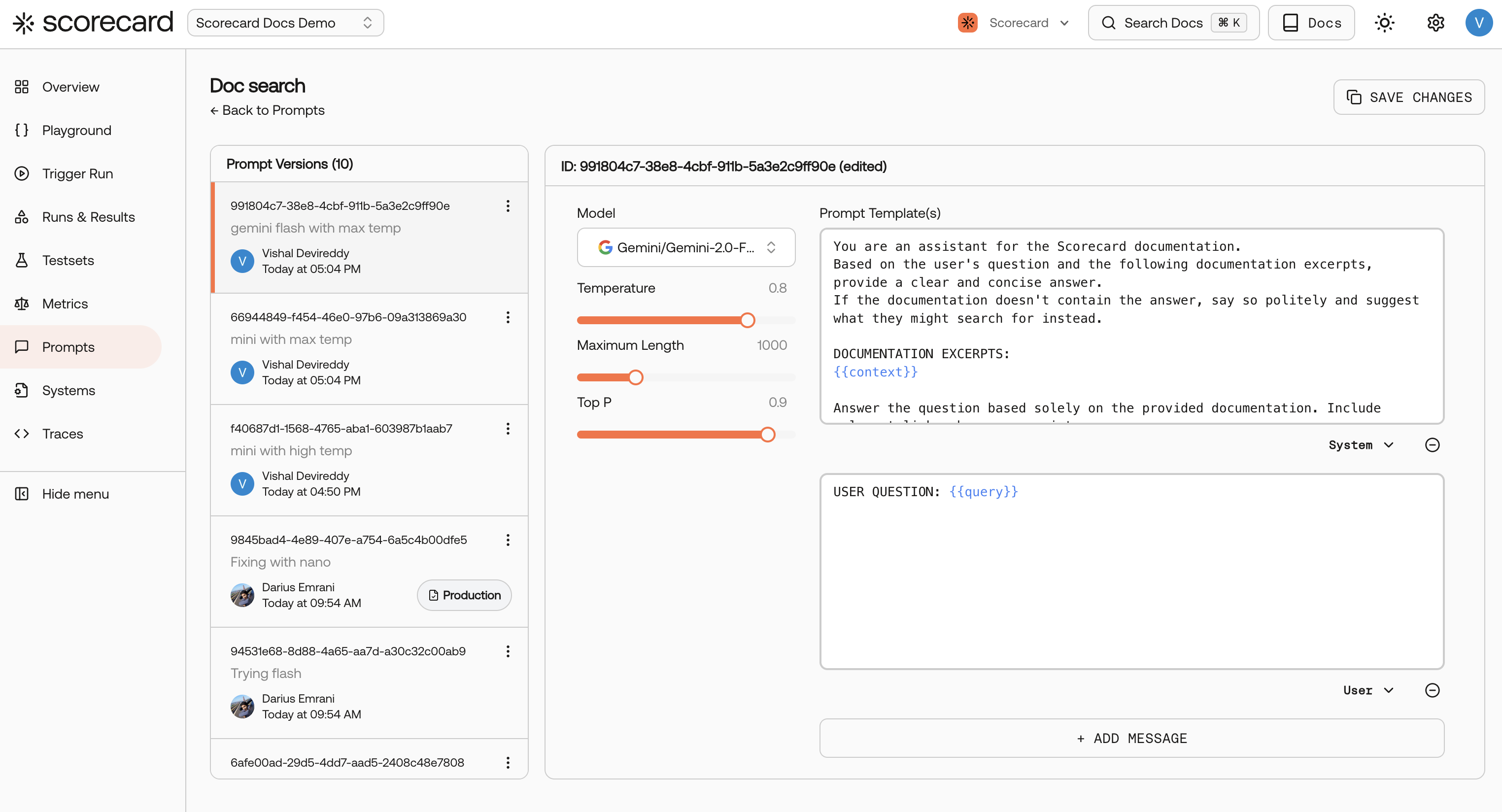 Screenshot of viewing prompt details in the UI.