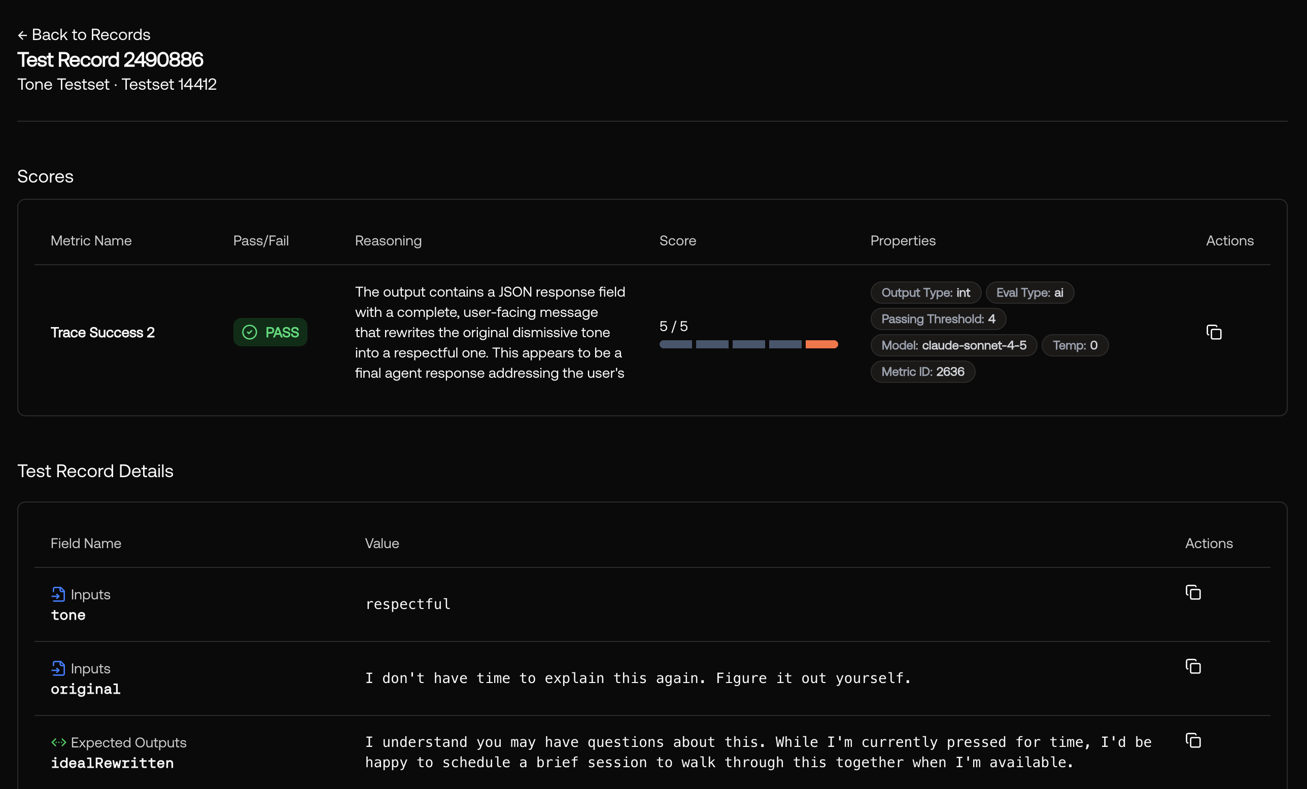 Screenshot of a testcase-based record with scores and test record details.
