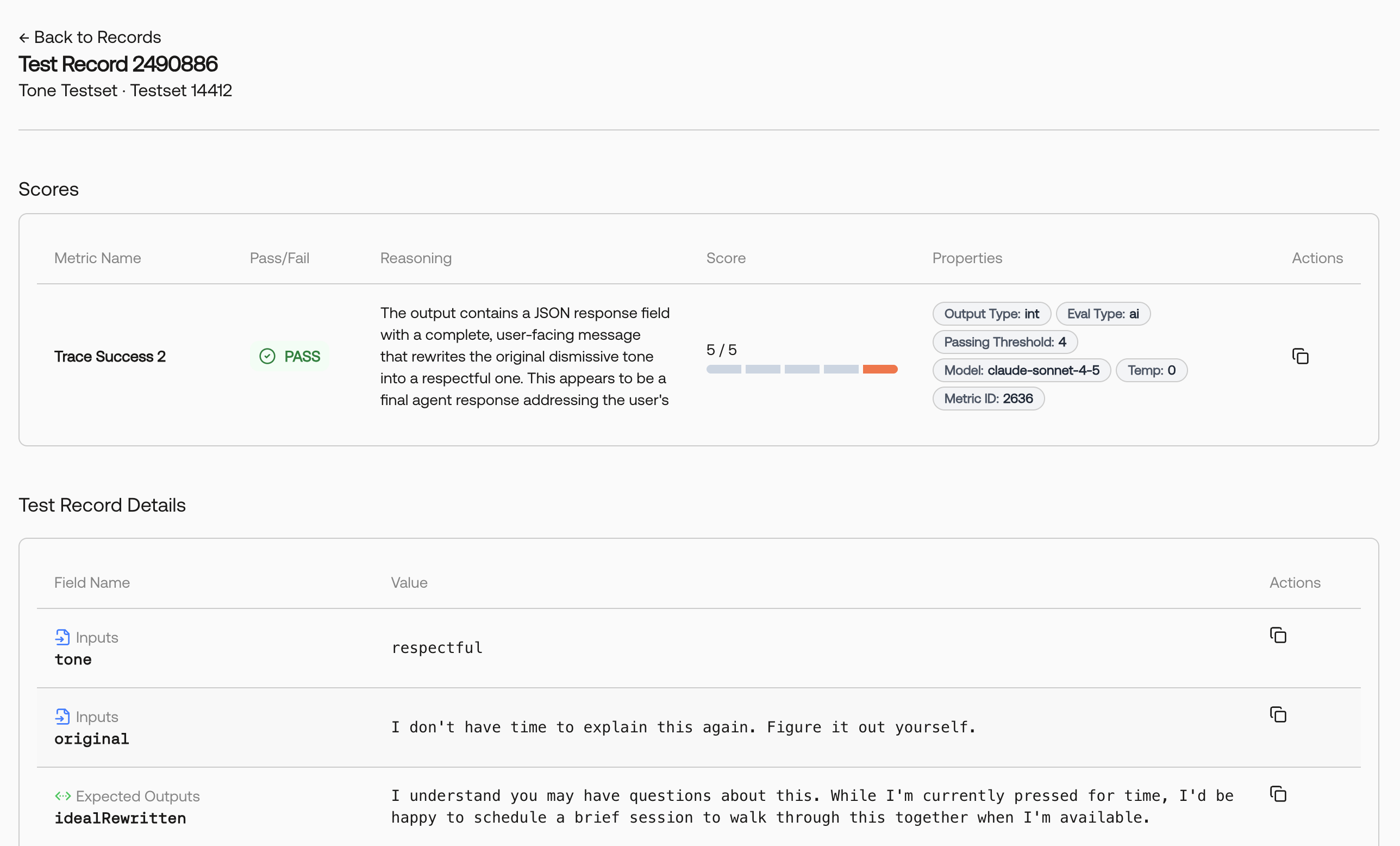 Screenshot of a testcase-based record with scores and test record details.