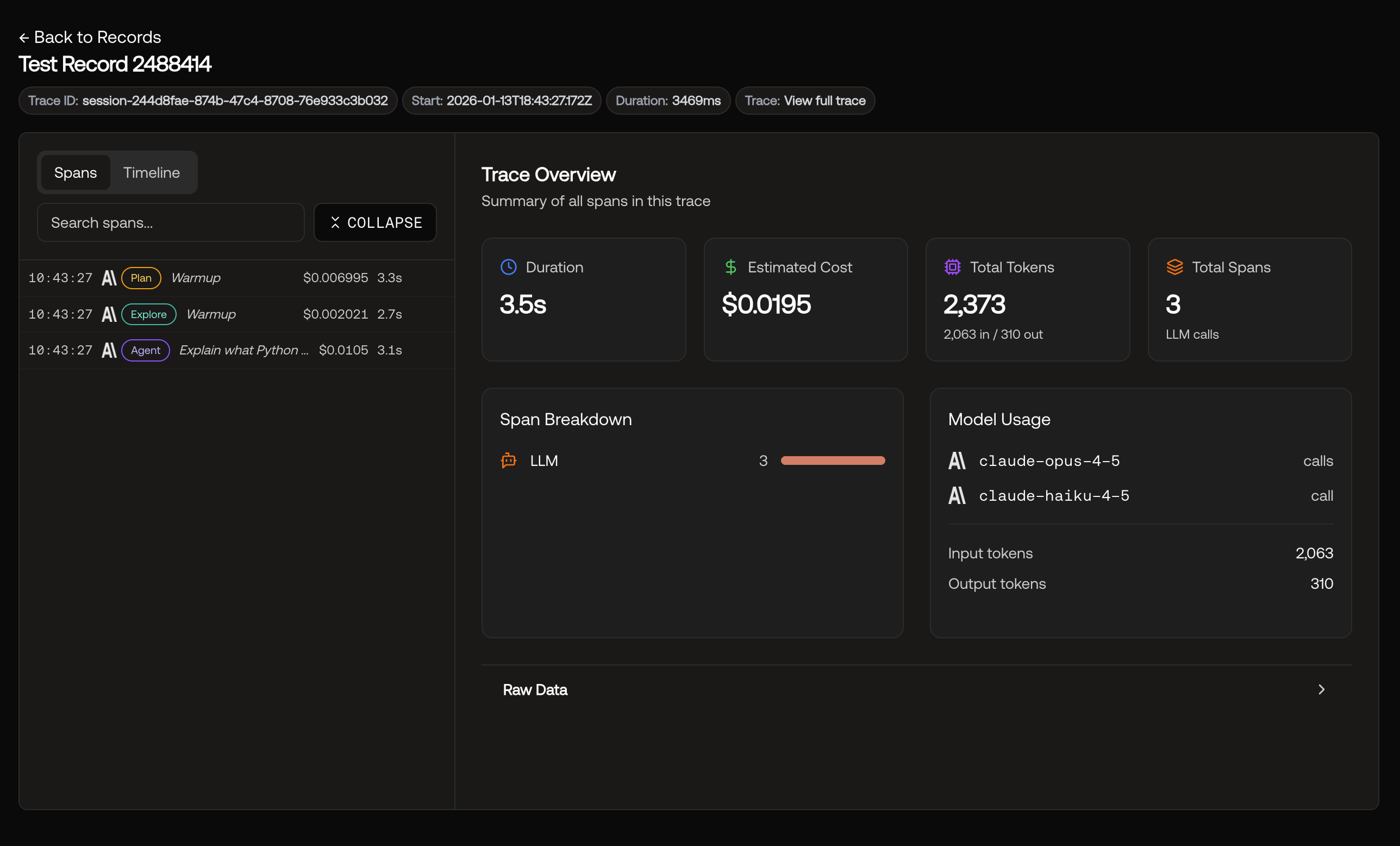 Screenshot of a trace-based record with spans and trace overview.