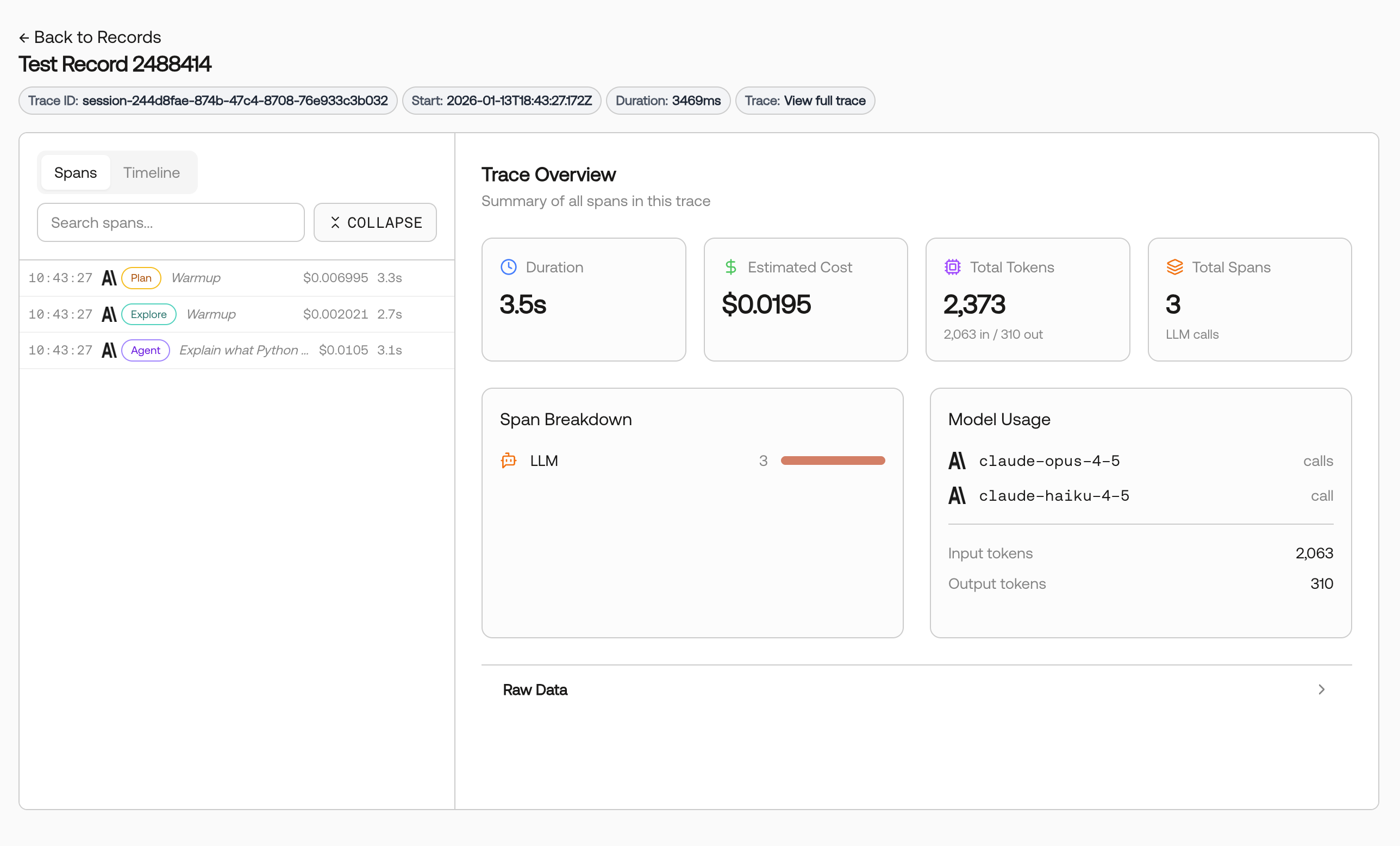 Screenshot of a trace-based record with spans and trace overview.