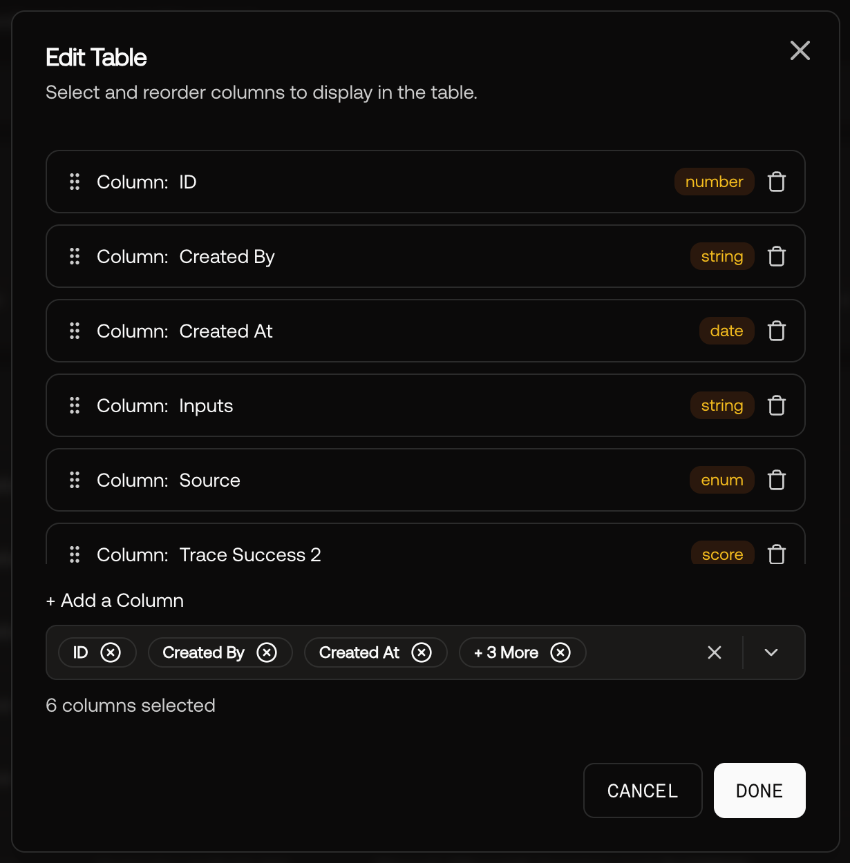 Screenshot of the Edit Table modal for customizing record columns.