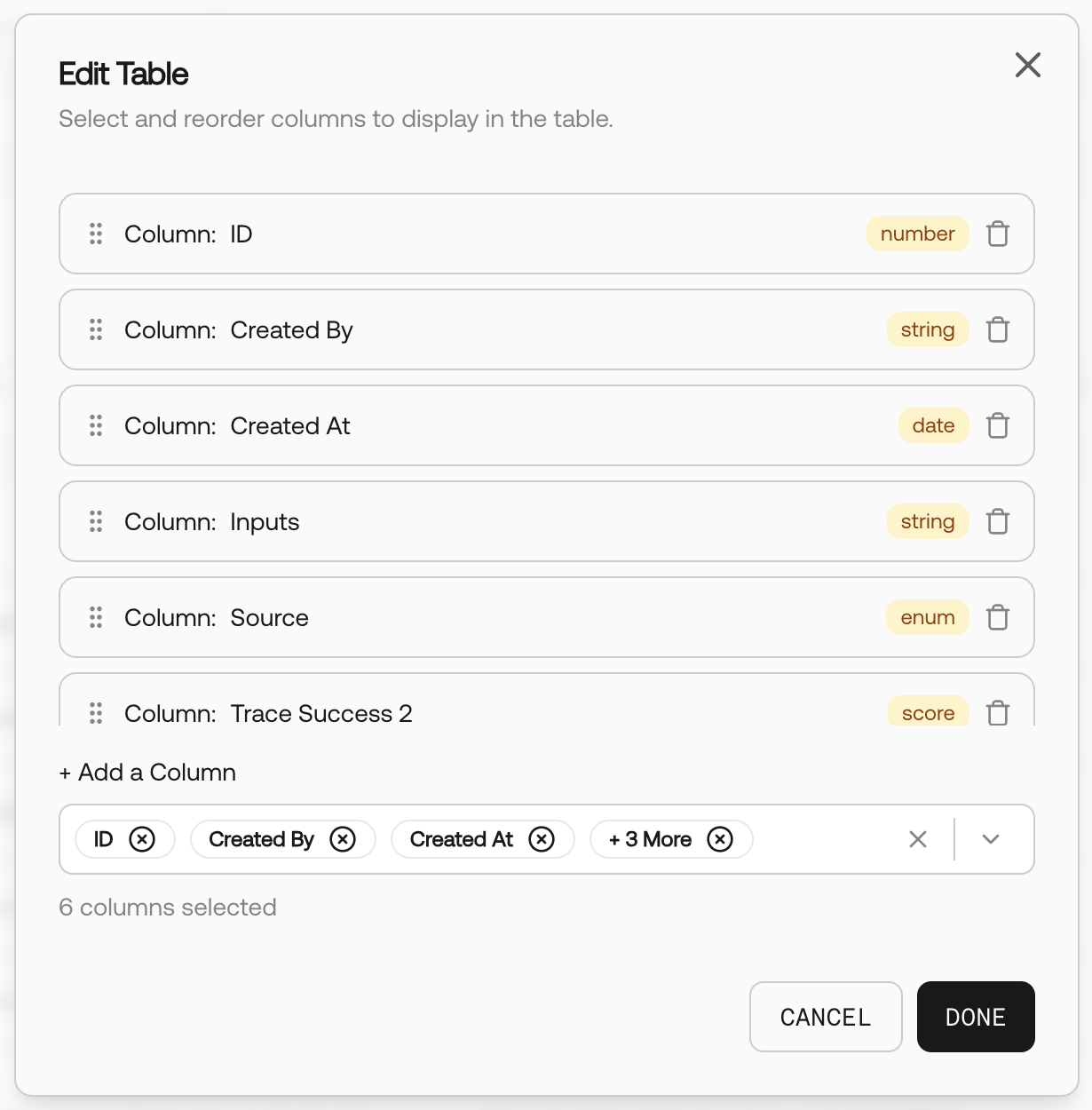 Screenshot of the Edit Table modal for customizing record columns.