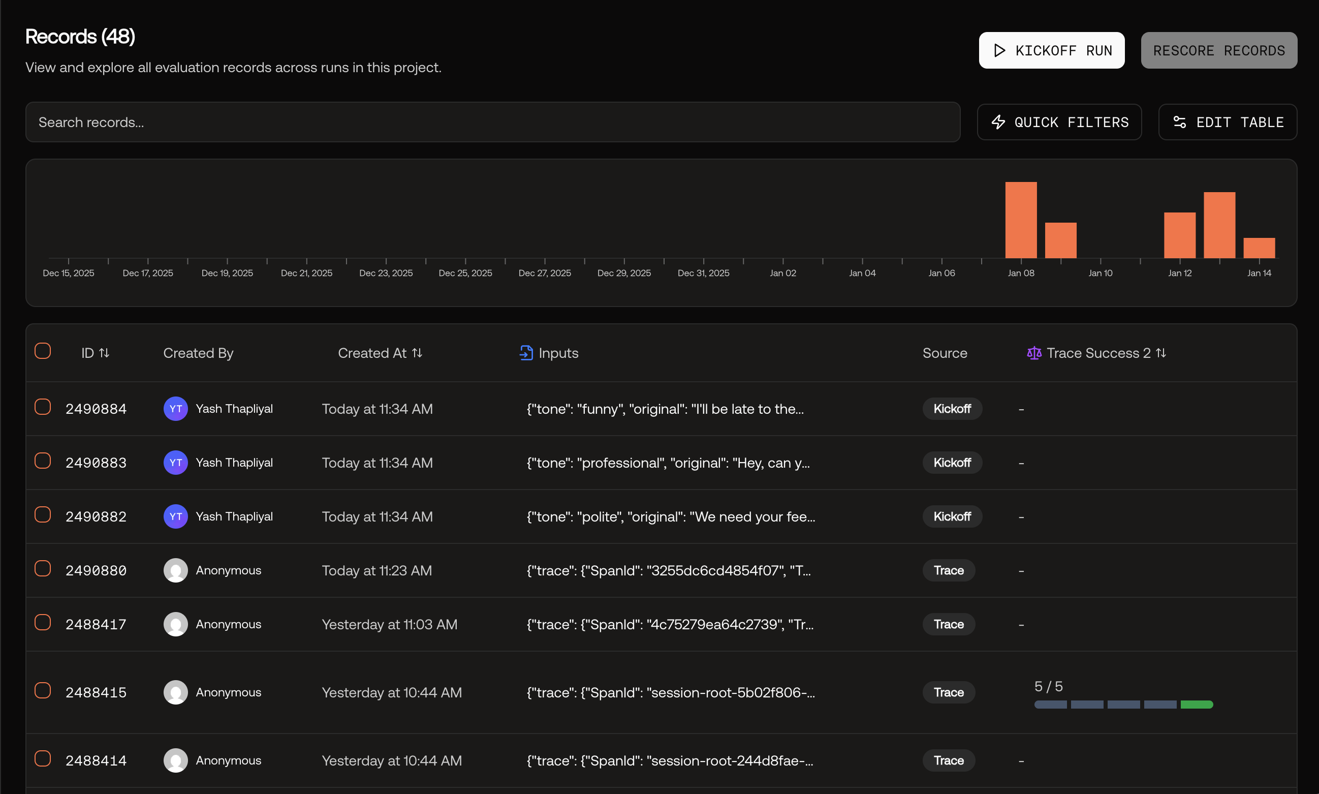 Screenshot of the Records page showing the records table and history chart.