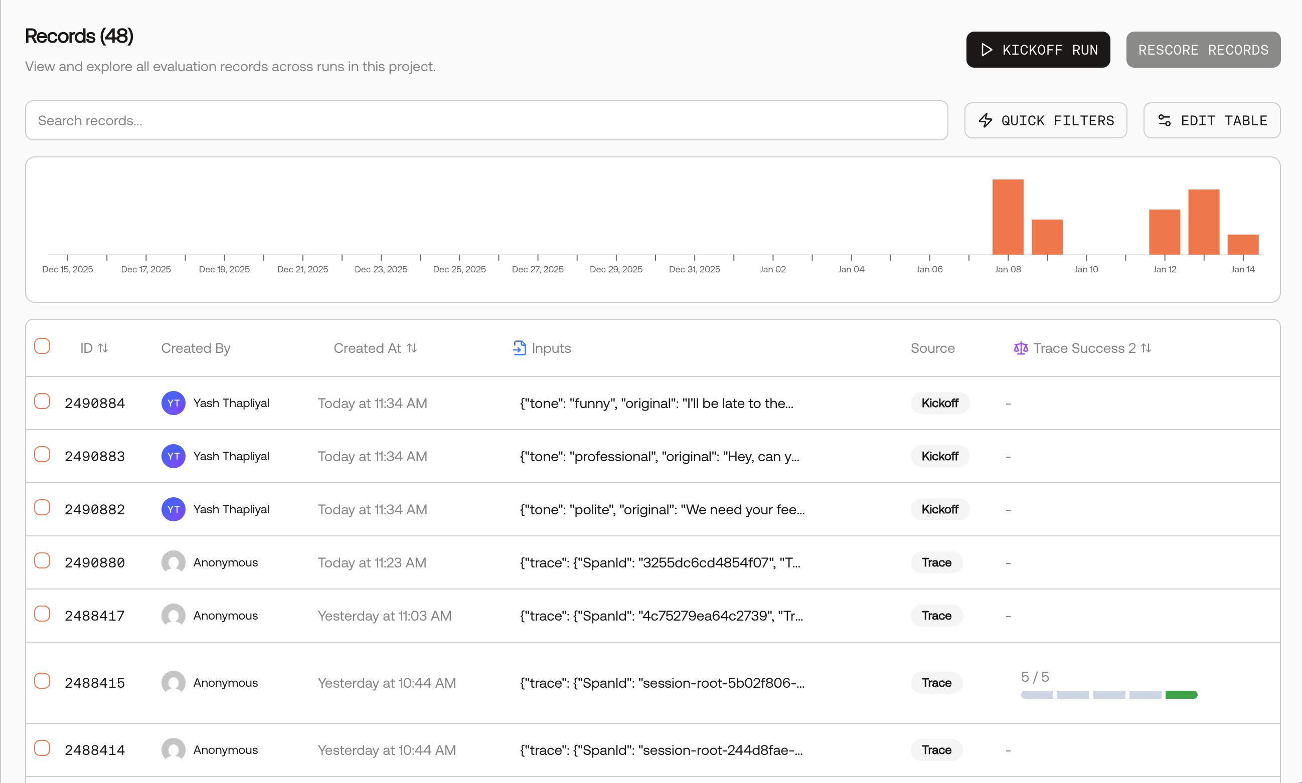 Screenshot of the Records page showing the records table and history chart.