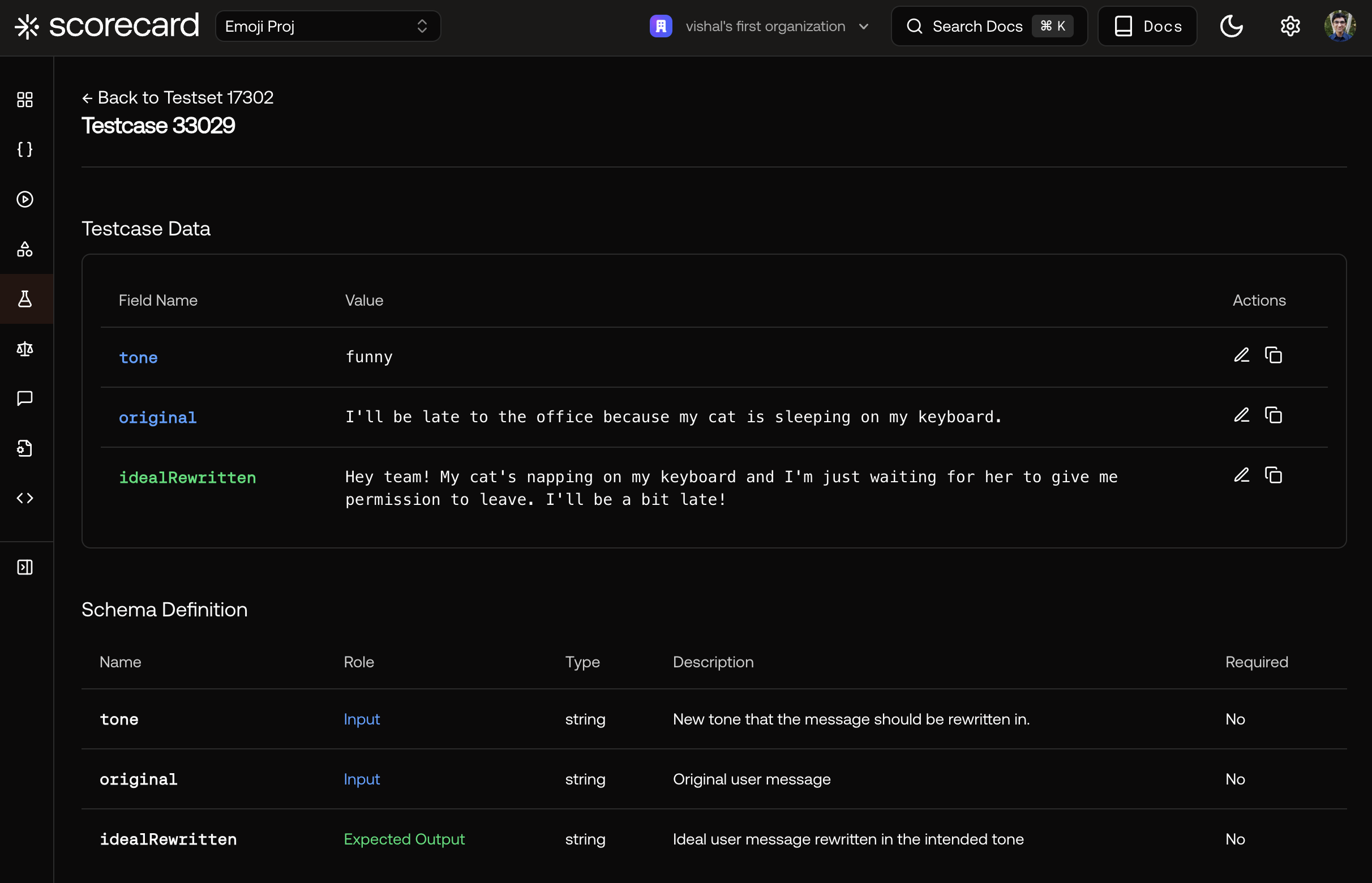 Screenshot of the testcase details page in the UI.