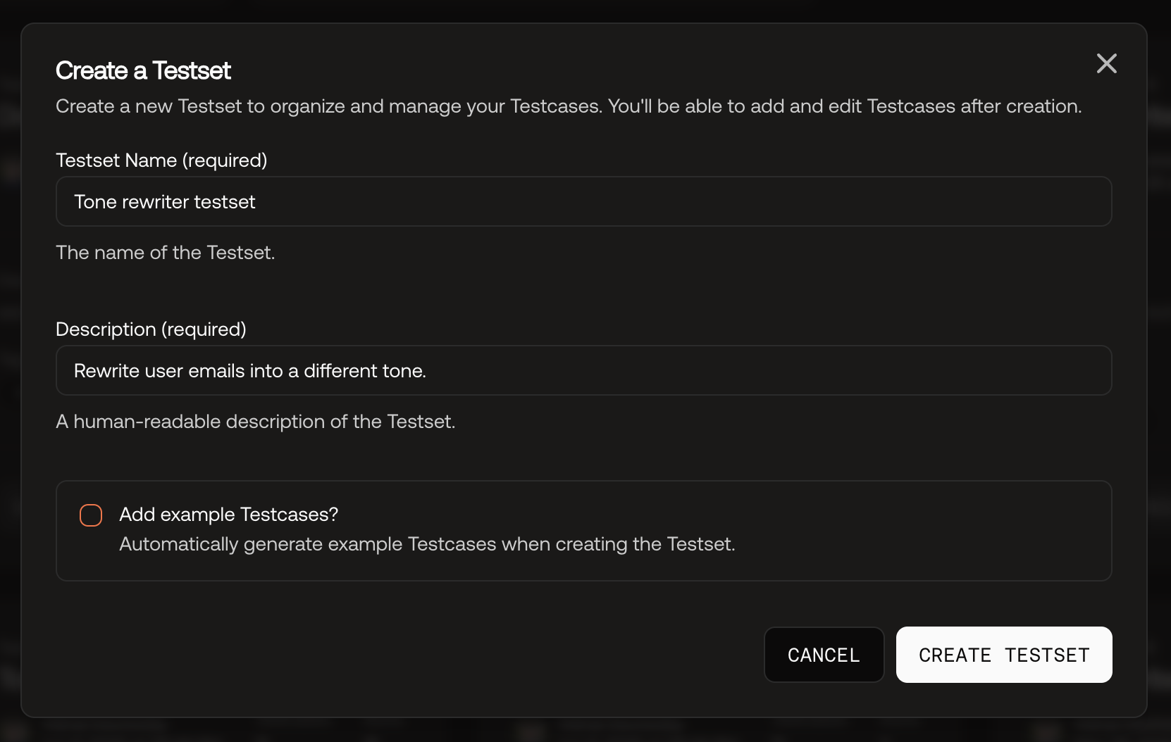 Screenshot of the create testset modal in the UI.