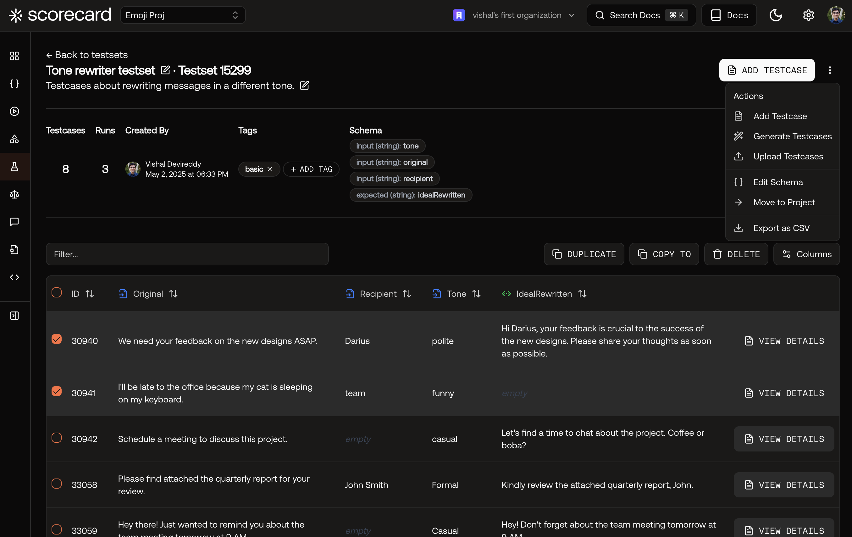 Screenshot of the testset details page in the UI.
