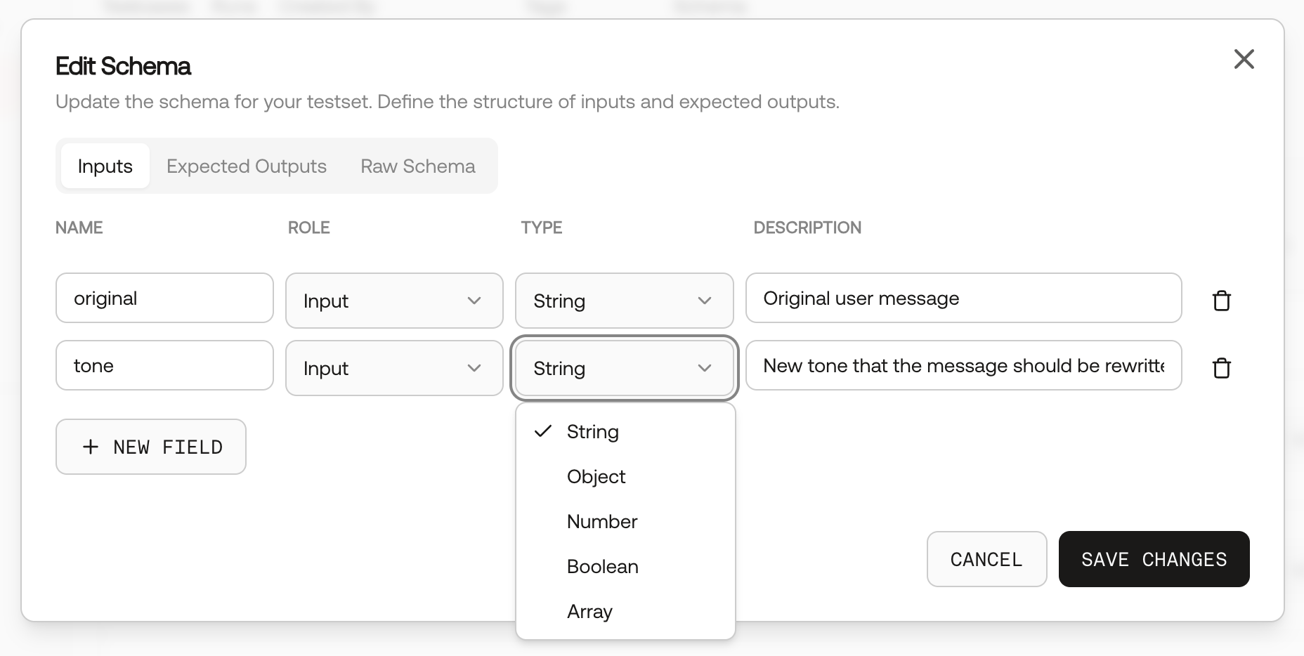 Screenshot of the testset schema editor in the UI.